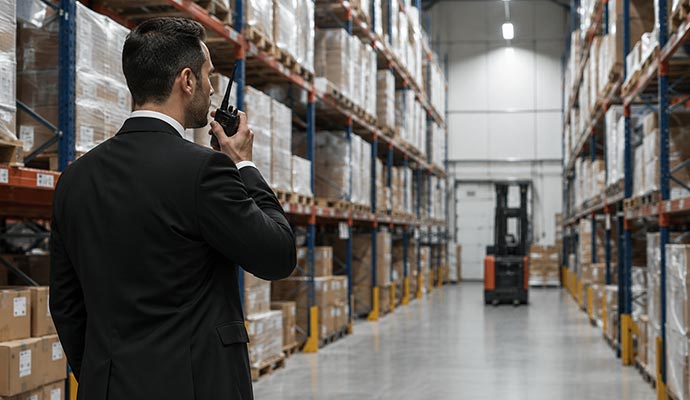 Security officer using radio in warehouse aisle