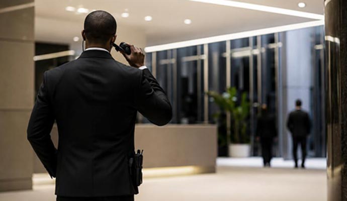 Security officer using radio inside building lobby