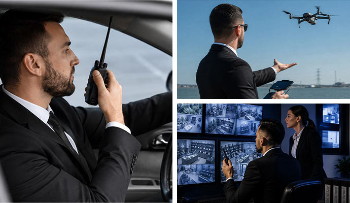 Security patrol, drone, and monitoring collage