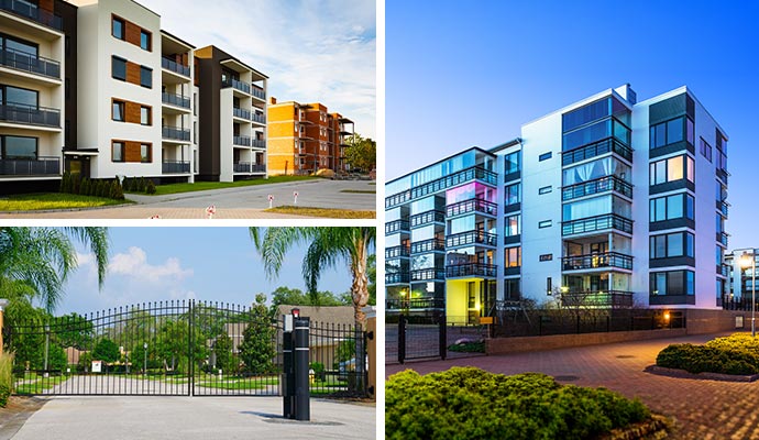 A collage of apartment buildings, a residential entry gate, and a condominium complex