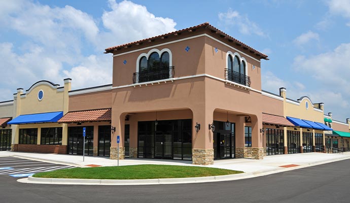 An exterior view of a commercial retail shopping center