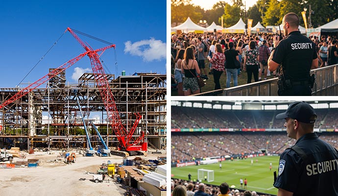 Collage of construction site and security monitoring in events and sports