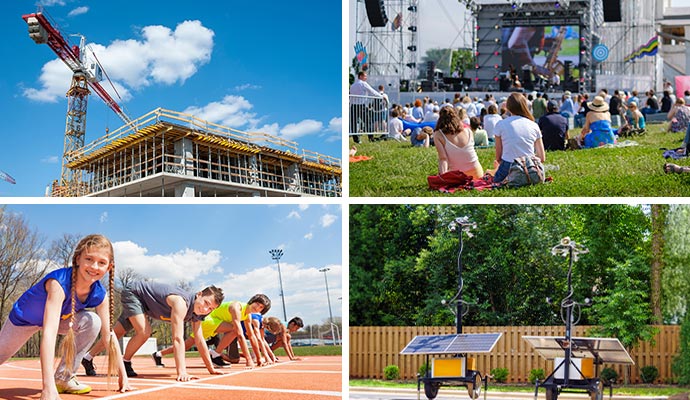 Collage of construction site, event, sports and solar monitoring