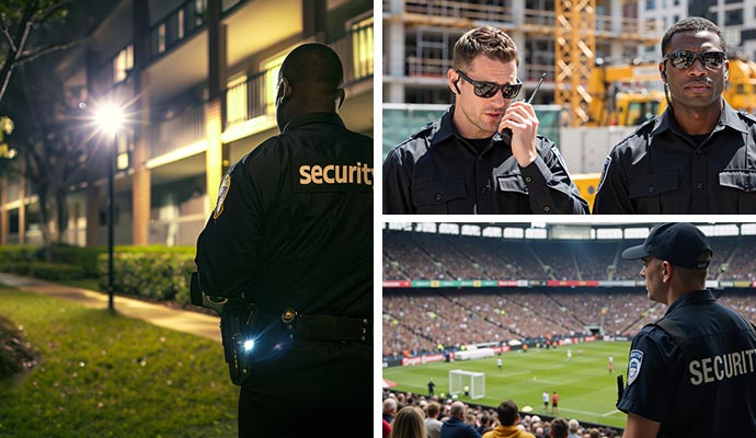 Collage of security officers in residential construction and stadium area