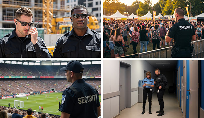 Collage of security officers on duty in different locations