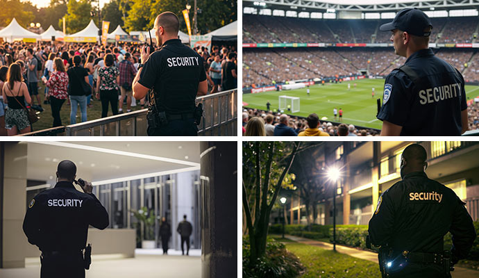 Collage of security officers on duty in various locations
