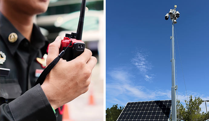 Collage of security professional holding walkie talkie and mobile surveillance system