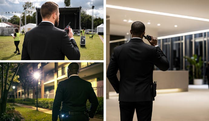 Collage of standing guard coverage for events, commercial lobbies, and residential properties
