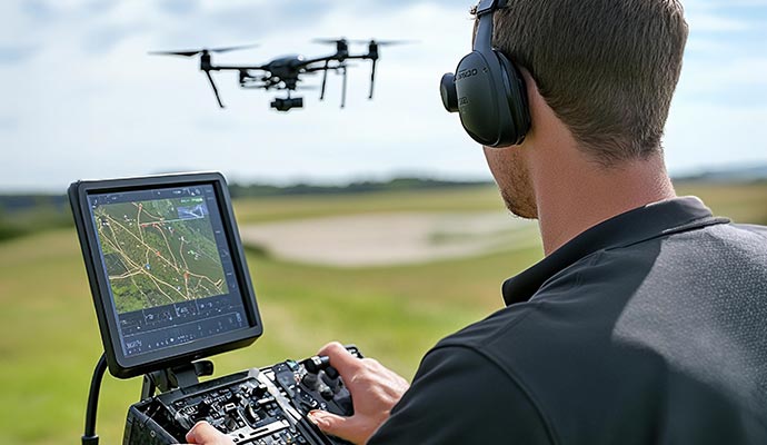 Drone operator using controller with live video feed