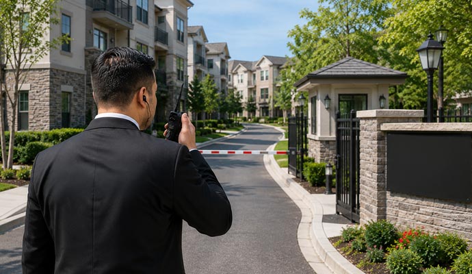 An M&M Security officer using a walkie talkie at a residential entry gate