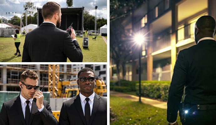 Security guards monitoring an outdoor event, a construction site, and an apartment building at night