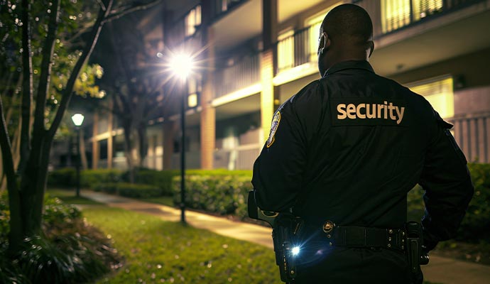 Night security patrol apartment complex surveillance