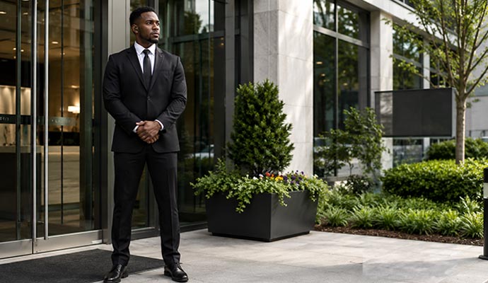  Professional Security guard  standing at a building entrance