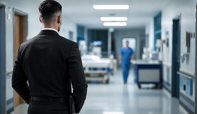 Security guard monitoring a hospital corridor