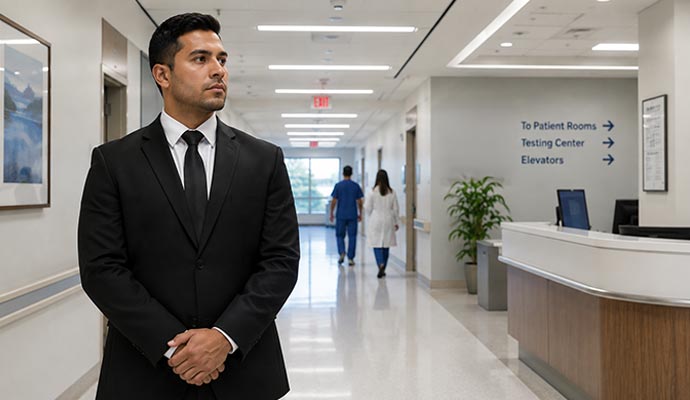 Security guard standing in a hospital hallway