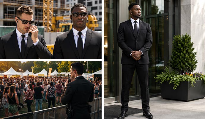 Security guards providing coverage at a construction site, an outdoor event, and an office entrance