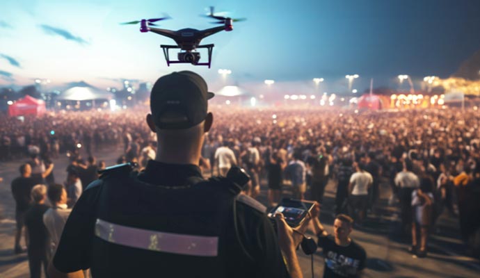 Security officer operating drone for event surveillance