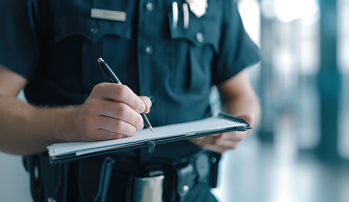 Security officer writing report on clipboard