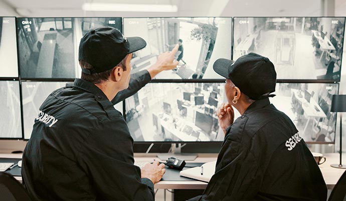 Security officers monitoring surveillance screens in control room