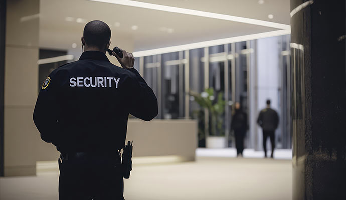 Security person communicating using walkie talkie from indoor facility