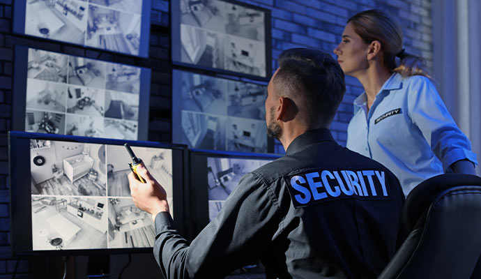 Security team monitoring building feeds on screens