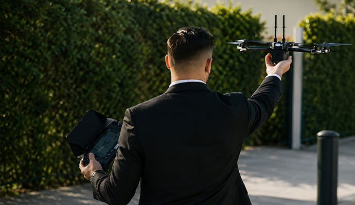 Security officer launching surveillance drone for property monitoring
