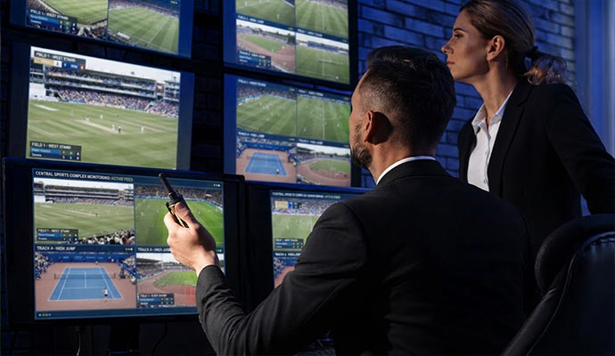Security team monitoring sports camera feeds