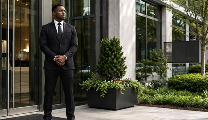 Standing security guard outside a building