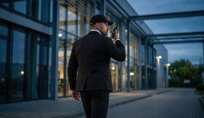 Security guard with walkie-talkie providing temporary security coverage