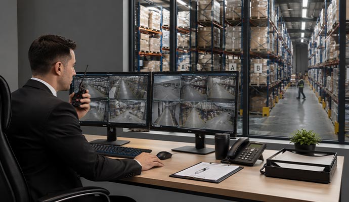 Warehouse security monitoring camera feeds